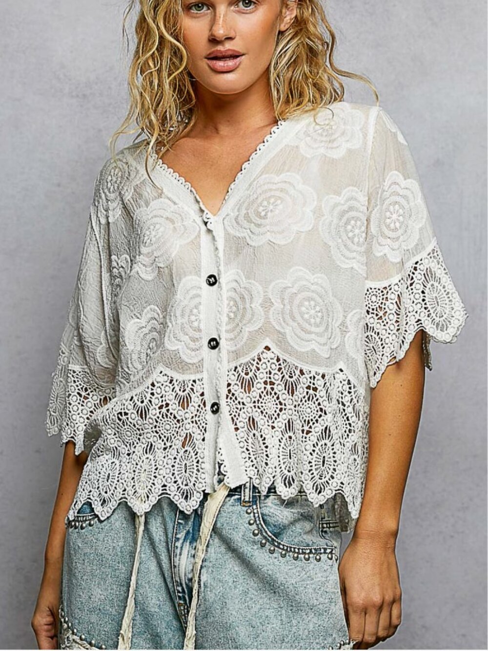 POL Crochet Trim V Neck Short Sleeve Jacket Top Off White NWT